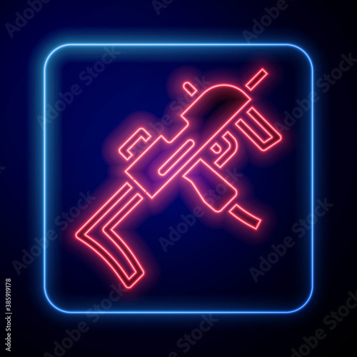 Glowing neon MP9 submachine gun icon isolated on blue background. Automatic weapon. Vector.