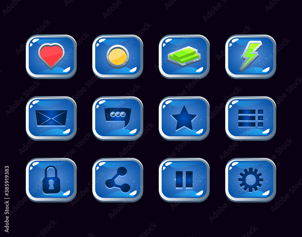 Collection set of jelly gui icon with silver border for game ui asset elements vector illustration Collection set of jelly gui icon with silver border for game ui asset elements vector illustration