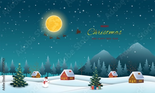 Night scene background with Santa claus flying on sleigh pulled by reindeer over village,for holiday,celebrate party,greeting card,invitation or poster