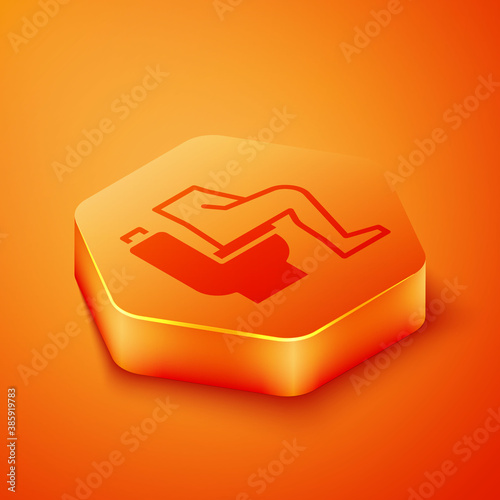 Isometric Men sitting on the toilet and Constipation are experiencing severe abdominal pain icon isolated on orange background. Orange hexagon button. Vector.
