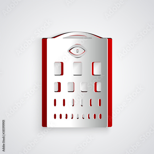 Paper cut Eye test chart icon isolated on grey background. Poster for vision testing in ophthalmic study. Snellen chart. Paper art style. Vector.
