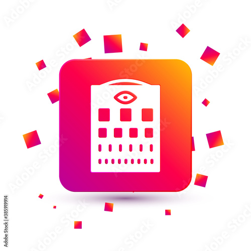White Eye test chart icon isolated on white background. Poster for vision testing in ophthalmic study. Snellen chart. Square color button. Vector.