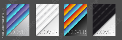 4 couvertures de flyers, de catalogues ou de brochures avec des bandes en biais d’inspiration couture.