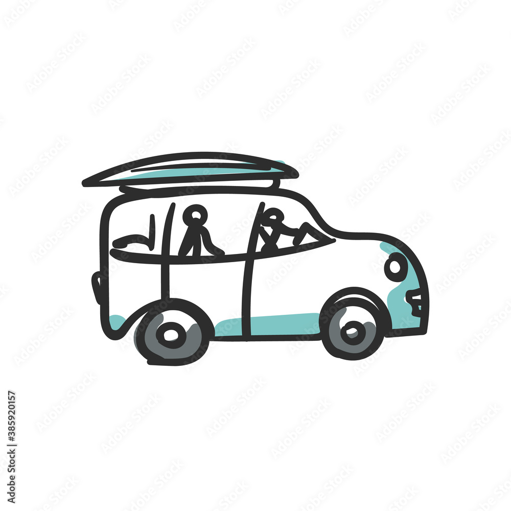 Simple car doodle road trip cartoon, illustration isolated on white background, Vector sketch