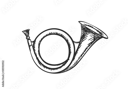 Vintage post horn or hunting horn vector hand drawn illustration object isolated, black and white sketch