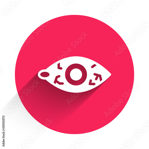 White Reddish eye due to viral, bacterial or allergic conjunctivitis icon isolated with long shadow. Red circle button. Vector.