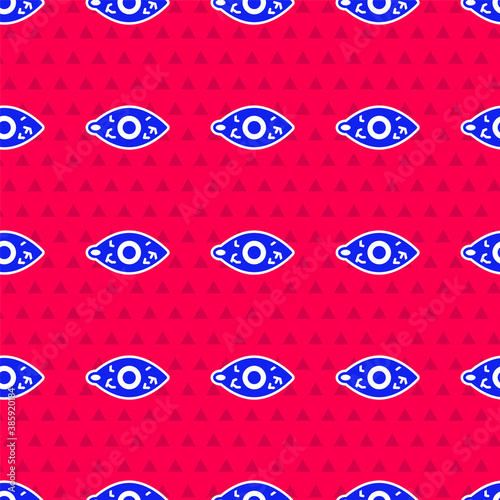 Blue Reddish eye due to viral, bacterial or allergic conjunctivitis icon isolated seamless pattern on red background. Vector.