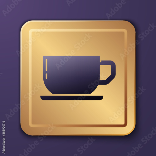 Purple Coffee cup icon isolated on purple background. Tea cup. Hot drink coffee. Gold square button. Vector.