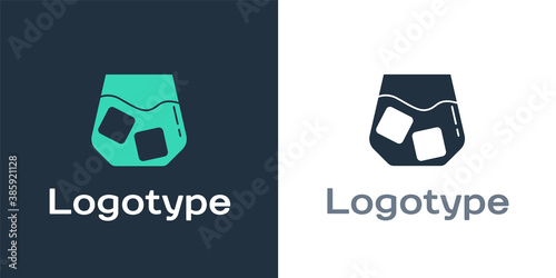 Logotype Glass of whiskey and ice cubes icon isolated on white background. Logo design template element. Vector.