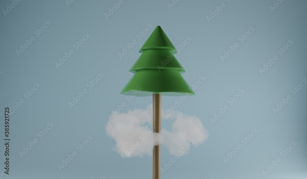 A spruce tree with a ring of clouds around it. A 3d render. A spruce tree with a ring of clouds around it. A 3d render.