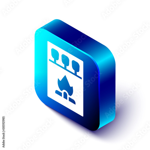 Isometric Open matchbox and matches icon isolated on white background. Blue square button. Vector.