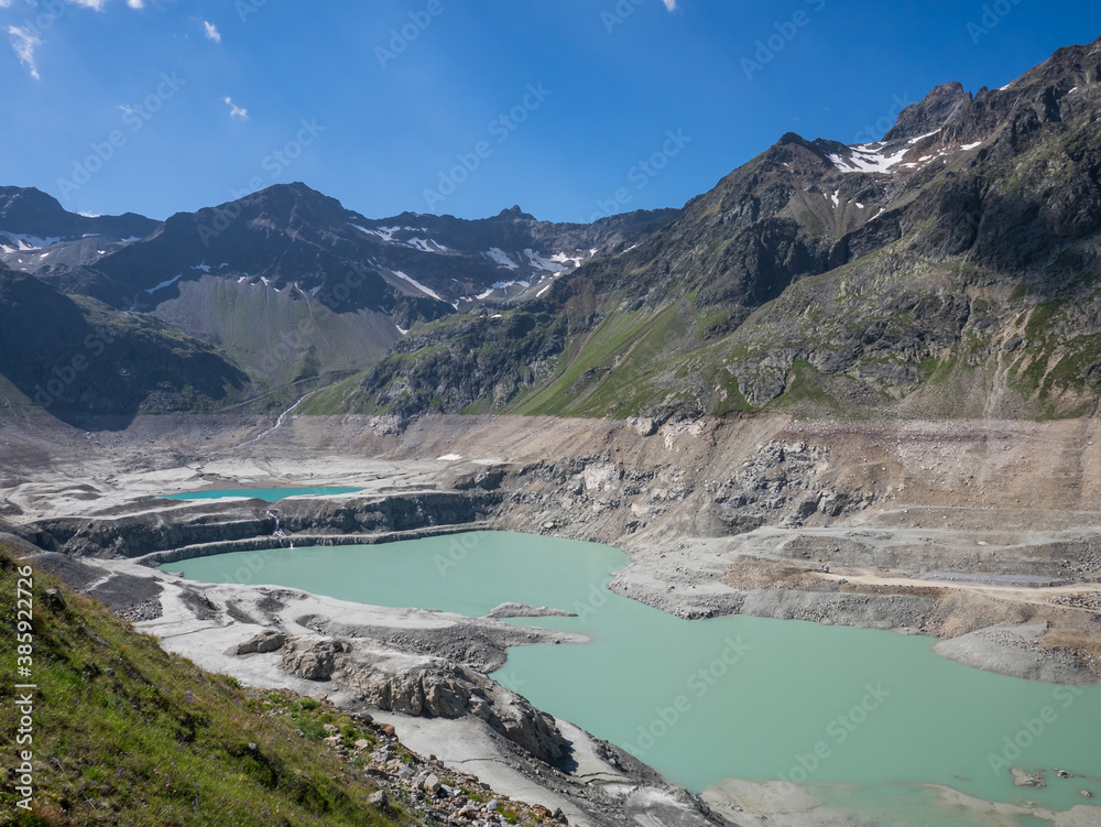 View of Finstertal Reservoir during construction works, near Kühtai, Silz, Tyrol, Austria View of Finstertal Reservoir during construction works, near Kühtai, Silz, Tyrol, Austria