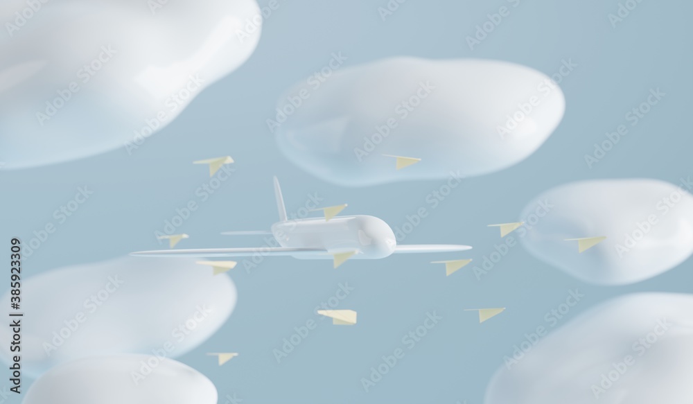 Paper airplanes flying aroun a bigger plane. A 3d render. Stock ...