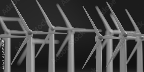 A 3d render of cartoonish wind tubines.