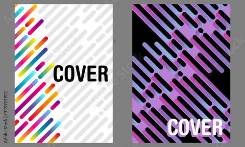 2 couvertures de flyers, de catalogues ou de brochures au fond abstrait avec des lignes pointillées en biais aux couleurs vives et noir. photo