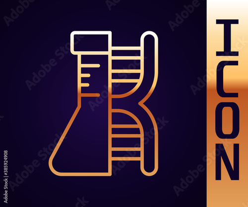 Gold line DNA research, search icon isolated on black background. Genetic engineering, genetics testing, cloning, paternity testing. Vector.