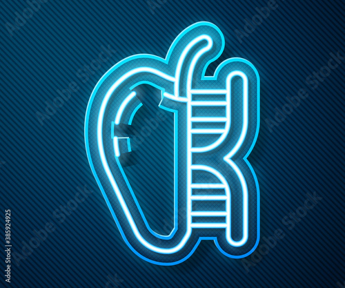 Glowing neon line Genetically modified apple icon isolated on blue background. GMO fruit. Vector.
