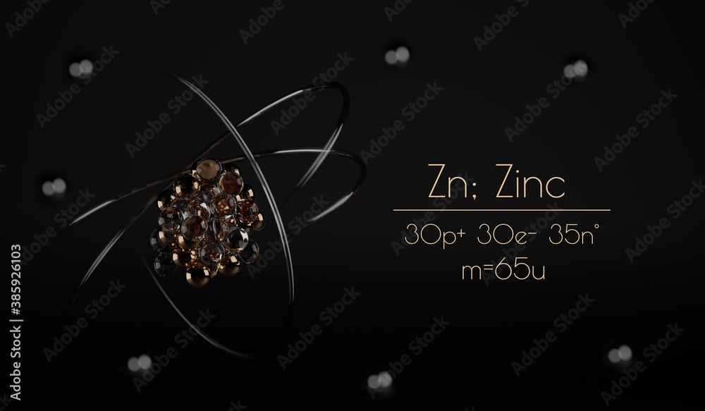A stylized Zinc atom visualization, with the number of protons