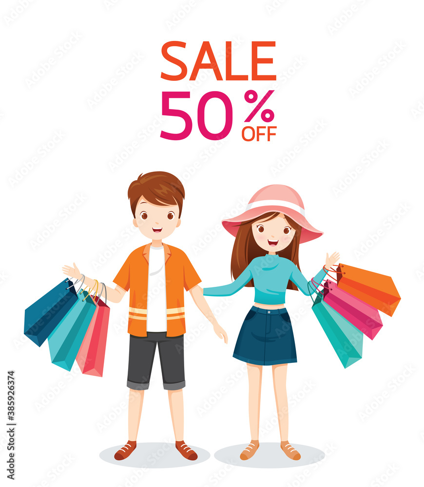 Man And Woman With Many Shopping Bag In Hands, Sale 50 Percent Off, Black Friday Sale Man And Woman With Many Shopping Bag In Hands, Sale 50 Percent Off, Black Friday Sale