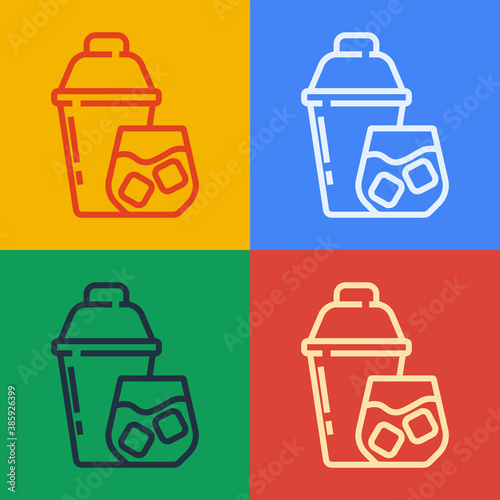 Pop art line Cocktail shaker with cocktail glass icon isolated on color background. Vector.