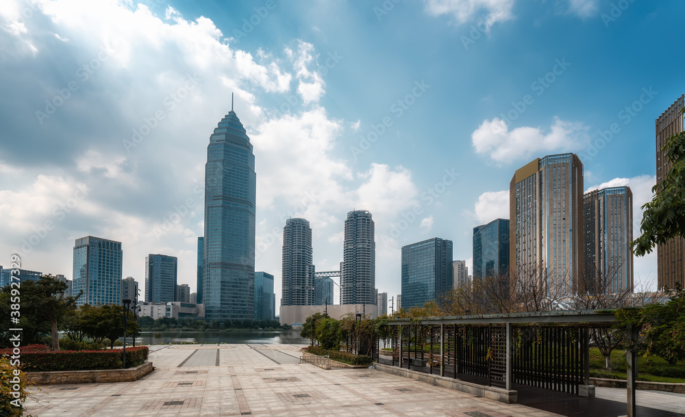 Fototapeta premium Modern city high-rise buildings, night view of Shaoxing Central Business District, China.