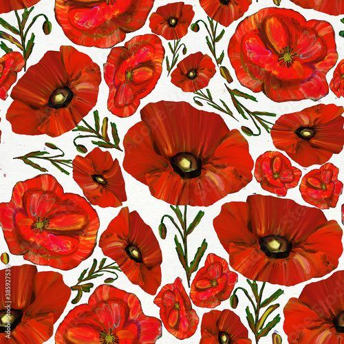 Red poppy seamless pattern on white background. Wildflower background.