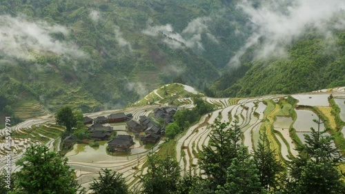 Village and Terraced Rice Field in the Fog - Jiabang, Guizhou Province, China.