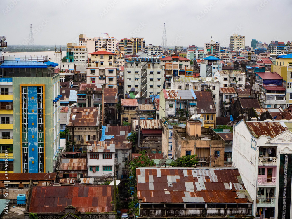 High angle view of old buildings in Yangon, Myanmar