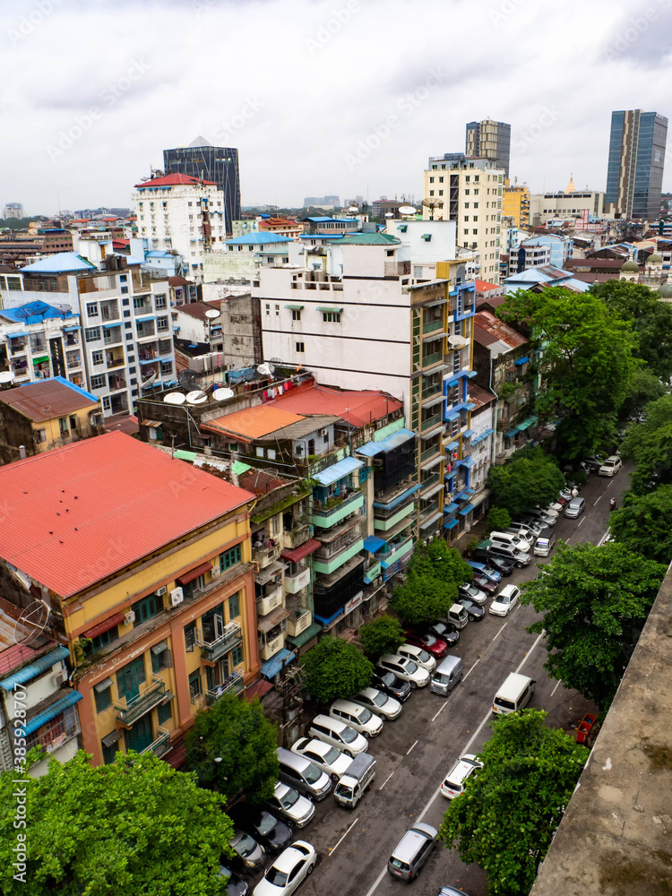 Fototapeta premium High angle view of old buildings in Yangon, Myanmar