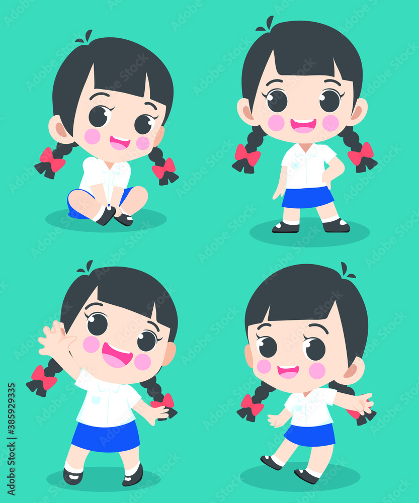 Asian student in School uniform. Thai student. White shirt and blue skirt. Vector Illustrator. Student character vector. Asian student in School uniform. Thai student. White shirt and blue skirt. Vector Illustrator. Student character vector.