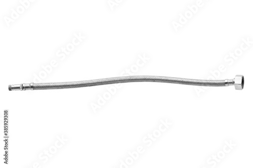 braided bathroom plumbing hose in steel binding with fitting and thread for fixing to the faucet isolated on white background.