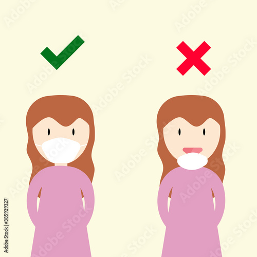 Illustrator vector of how to wearing mask to protect covid19
