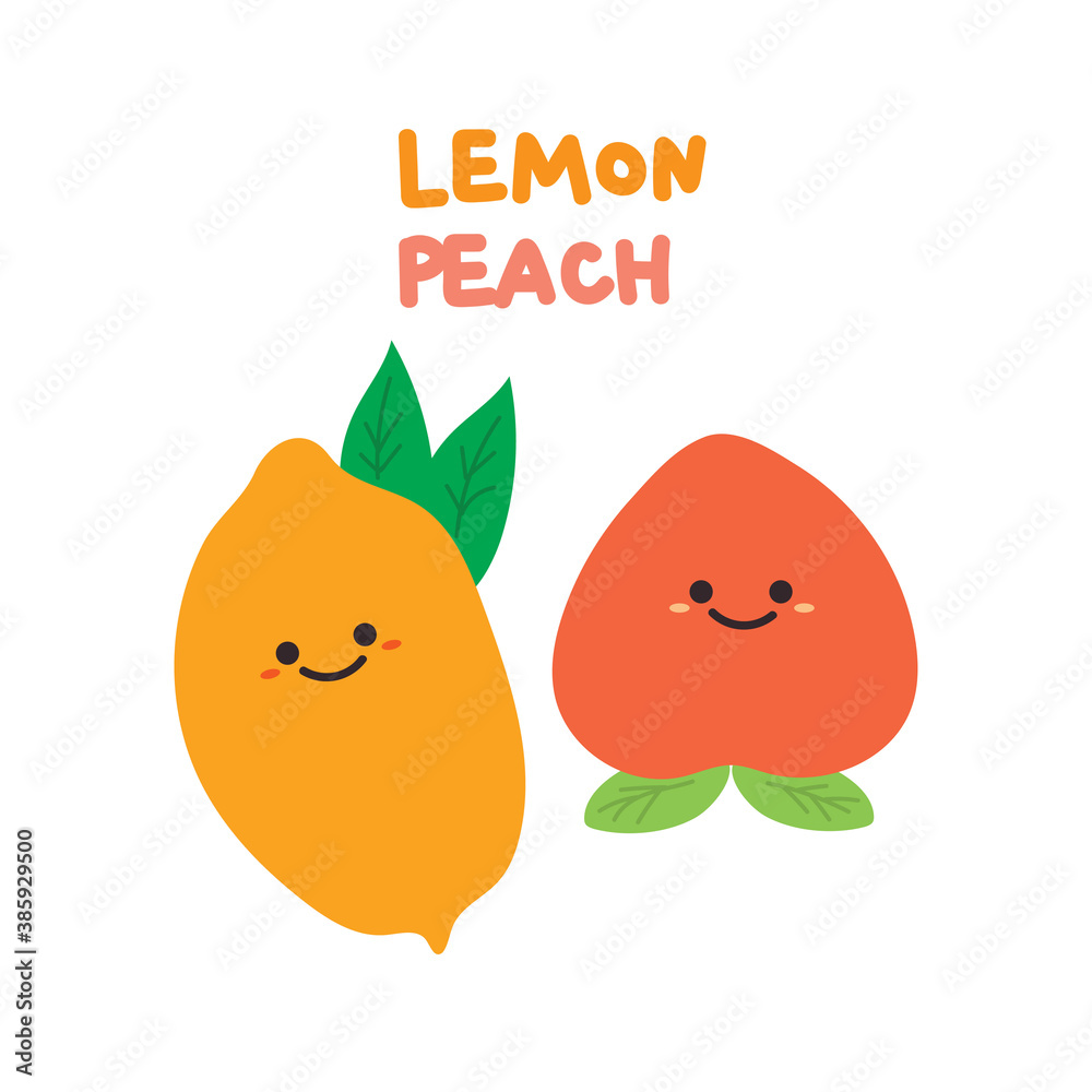 cute cartoon of lemon and peach fruit, character for kids. simple vector