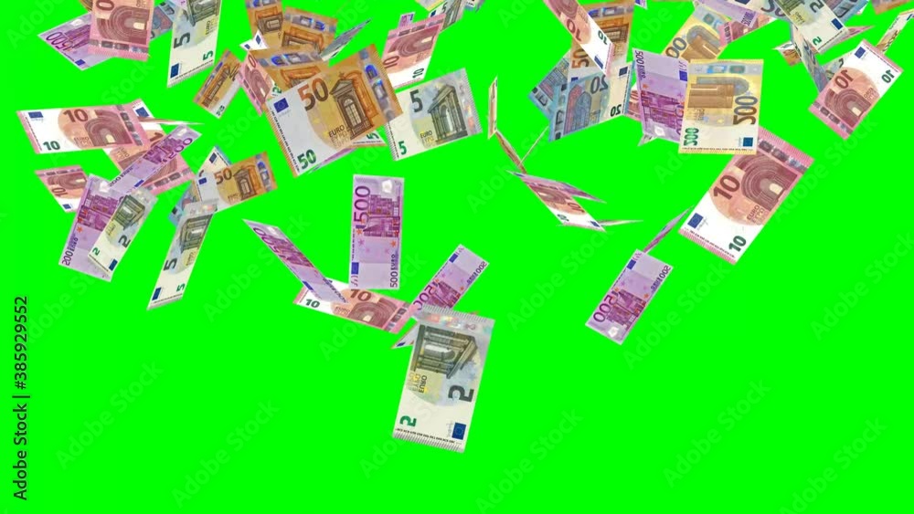 euro banknotes falling drop on green screen
