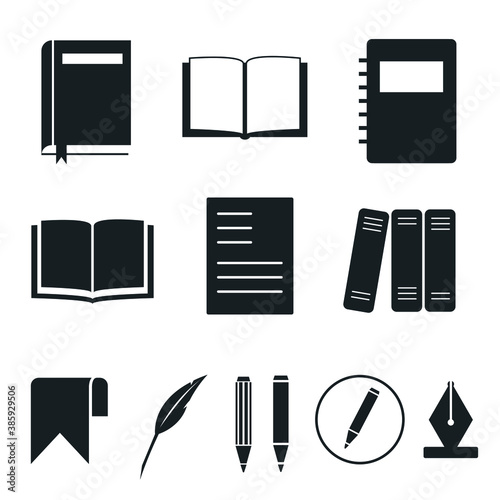 Books icons set. Notebooks, bookmark, diary, documents. Writing and reading black glyph vector design elements pack