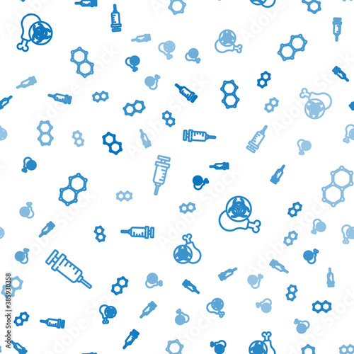 Set line Syringe, Gmo research chicken and Chemical formula on seamless pattern. Vector.