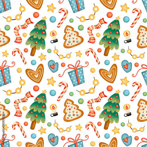 Cute cartoon christmas seamless pattern. Christmas tree  gift  gingerbread cookie  lanterns  scarf  candy cane  stars  garlands  mittens  candles seamless pattern.