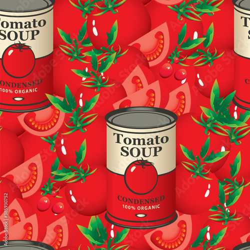 Seamless pattern with ripe tomatoes and tomato soup cans on a red background. Vector repeatable background for condensed tomato soup