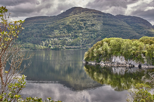 Panoramic view of the Lough Leane at the Ring of Kerry in Ireland. Panoramic mountain lake in Ireland.