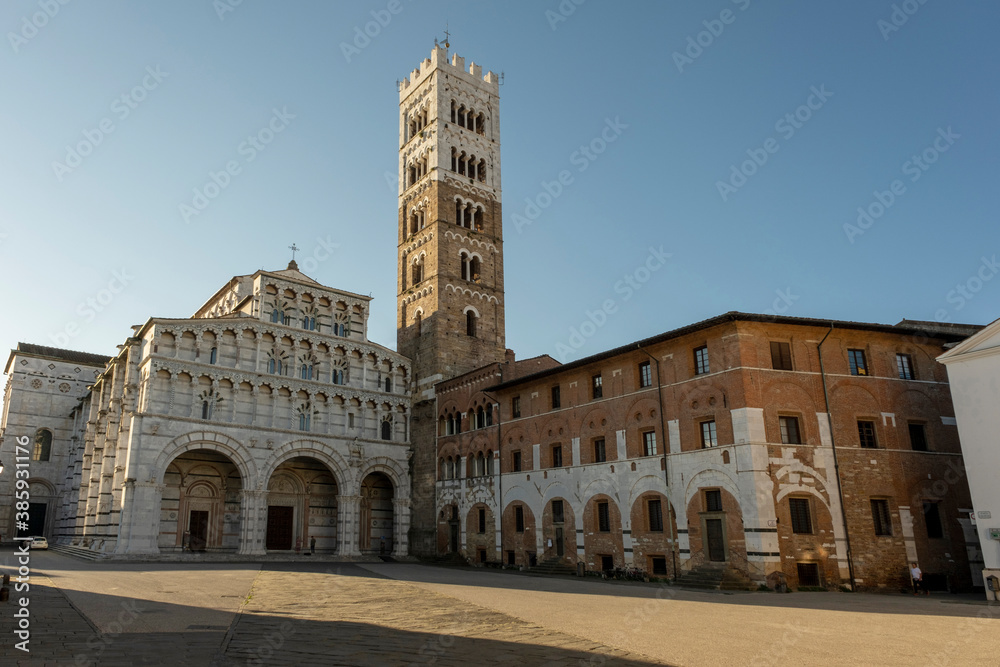 View of Lucca Cathedral, a Roman Catholic cathedral dedicated to Saint Martin of Tours in Lucca, Tuscany, Italy