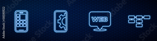Set line Web and graphic design, Mobile Apps, development and Site map. Glowing neon icon on brick wall. Vector.