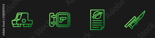 Set line Firearms license certificate, Collimator sight, Hunting shop weapon and Bayonet rifle. Gradient color icons. Vector.