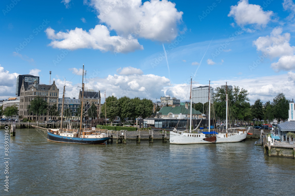 Rotterdam port (Veerhaven) and city skyline in South Holland, the Netherlands.