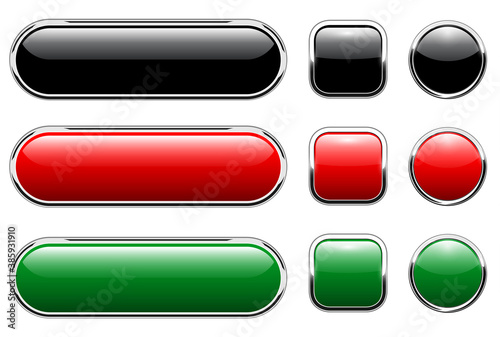 Shiny buttons set, glossy isolated icons with metallic chrome elements black red green, vector illustration.