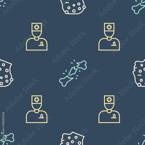 Set line Psoriasis or eczema rash, Male doctor and Human broken bone on seamless pattern. Vector.