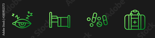 Set line Medicine pill or tablet, Insomnia, Hospital bed and First aid kit. Gradient color icons. Vector.
