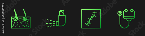 Set line Scar with suture, Hair covering skin, Inhaler and Stethoscope. Gradient color icons. Vector.