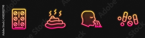 Set line Vomiting man, Pills blister pack, Shit and Medicine pill or tablet. Glowing neon icon. Vector.