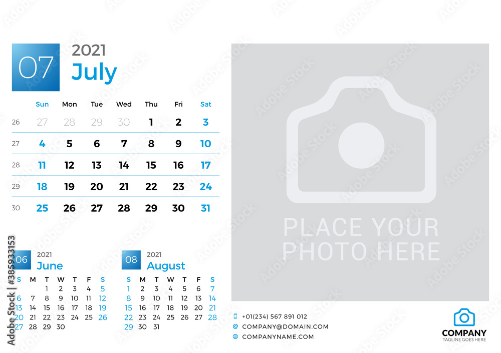 Calendar for July 2021. Vector design print template with place for photo. Week starts on Sunday Calendar for July 2021. Vector design print template with place for photo. Week starts on Sunday