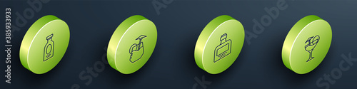 Set Isometric line Alcohol drink Rum, Cocktail, Whiskey bottle and icon. Vector.